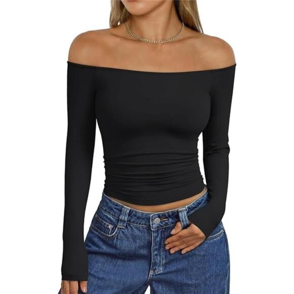 Women’s Off Shoulder Long Sleeve Top | Slim Fit Y2K Basic Shirt - Picture 5 of 5